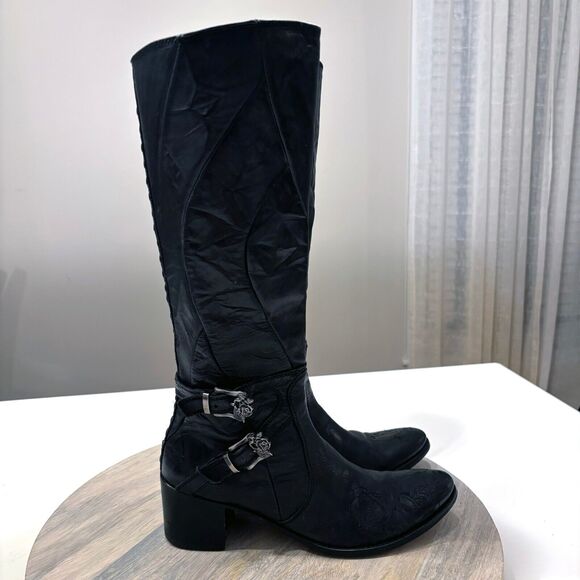 Mark Nason Siren Women's Tall Black Leather Embossed Riding‎ Boots US Size 5 - Picture 2 of 13